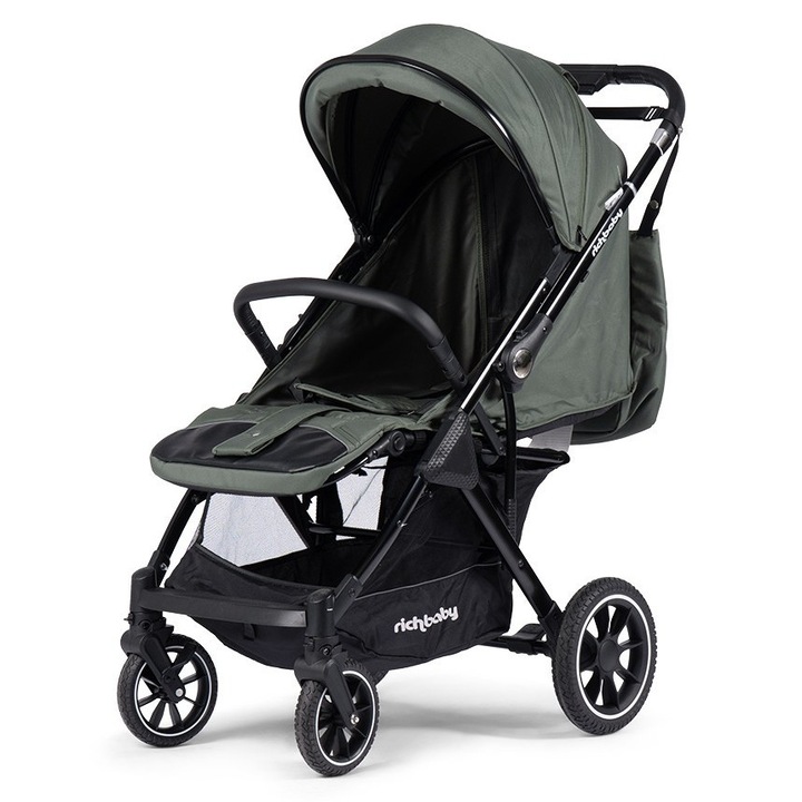 RichBaby Premium Deluxe sport babakocsi, összecsukható, állítható háttámla, állítható lábtartó, lábzsák, tárolóhely, megfordítható fogantyú, táska mellékelve, zöld szín