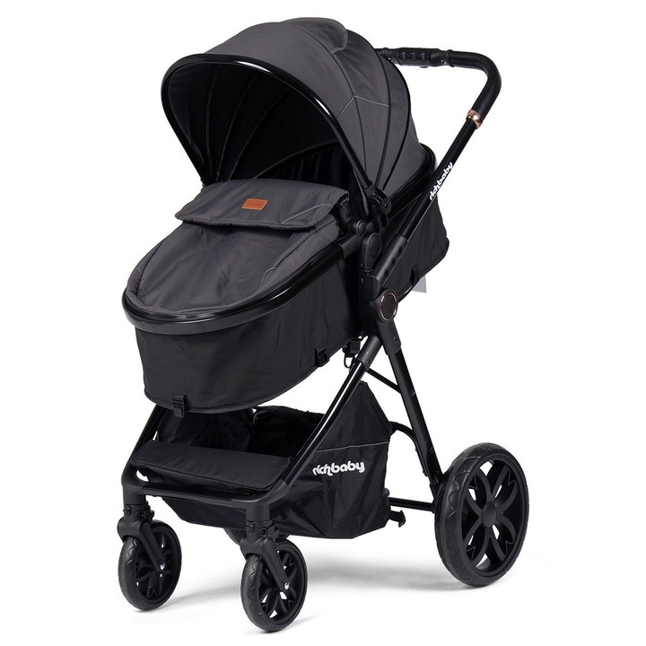 Carucior 2 in 1 RichBaby, landou transformabil in parte sport, 0-36 luni, landou detasabil, cadru aliminiu, pliere rapida si compacta, spatar reglabil, husa protectie, sezut reversibil, culoare gri