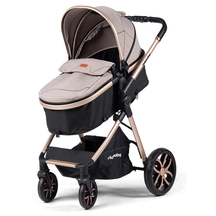 Carucior 2 in 1 RichBaby, landou transformabil in parte sport, 0-36 luni, landou detasabil, cadru aliminiu, pliere rapida si compacta, spatar reglabil, husa protectie, sezut reversibil, culoare auriu