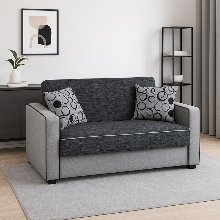 Canapea extensibila SAMY NEXT, 2 locuri, gri cu negru, cu lada de depozitare, cadru metalic, 152x100x92 cm