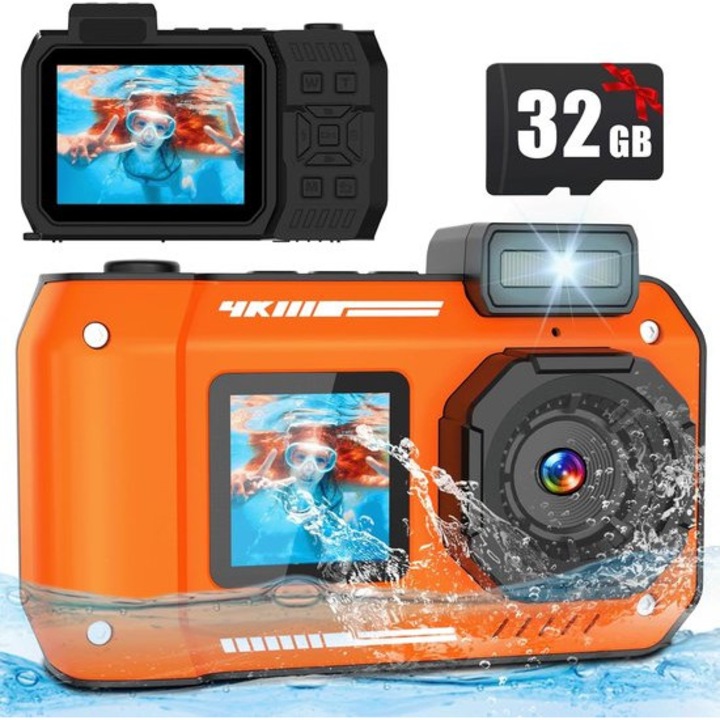 4K 48MP víz alatti kamera kettős kijelzővel, narancssárga, 3mx10m, ütés- és porálló