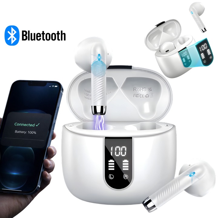 Casti Wireless RAPAZ® New Vibe, Bluetooth 5.3, Autonomie 48 Ore cu Carcasa 320, Microfon HD, Control Tactil, Reducere Zgomot, Afisaj Digital LED, IPX7 Rezistente la Apa, USB-C, Design Sport Ultra Usor 3g/casca, Compatibile Android iOS Windows, Alb