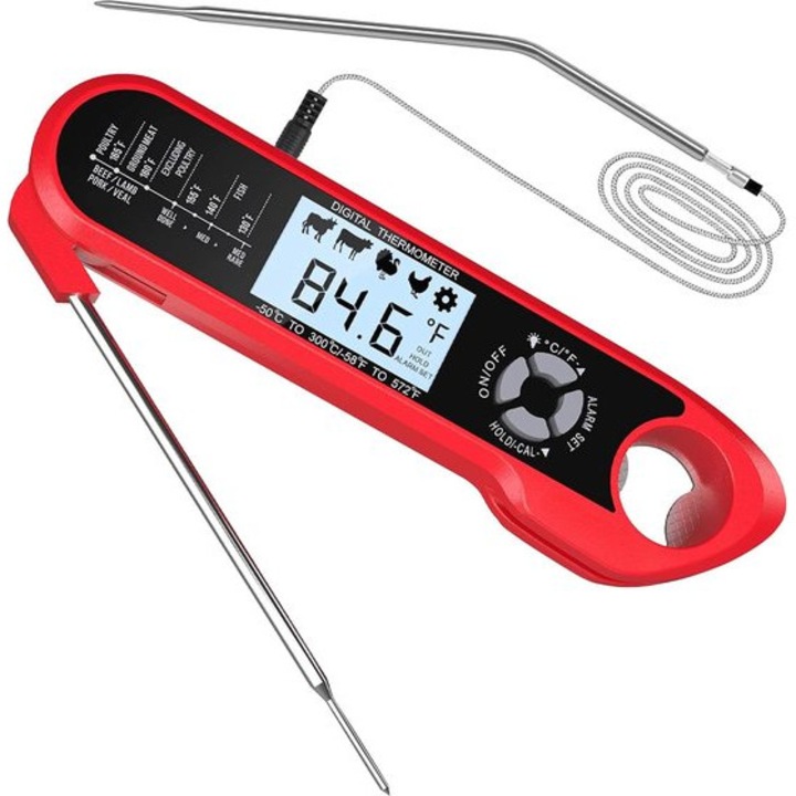 Többfunkciós húshőmérő, piros, LCD, 2-300°C, 10xcm