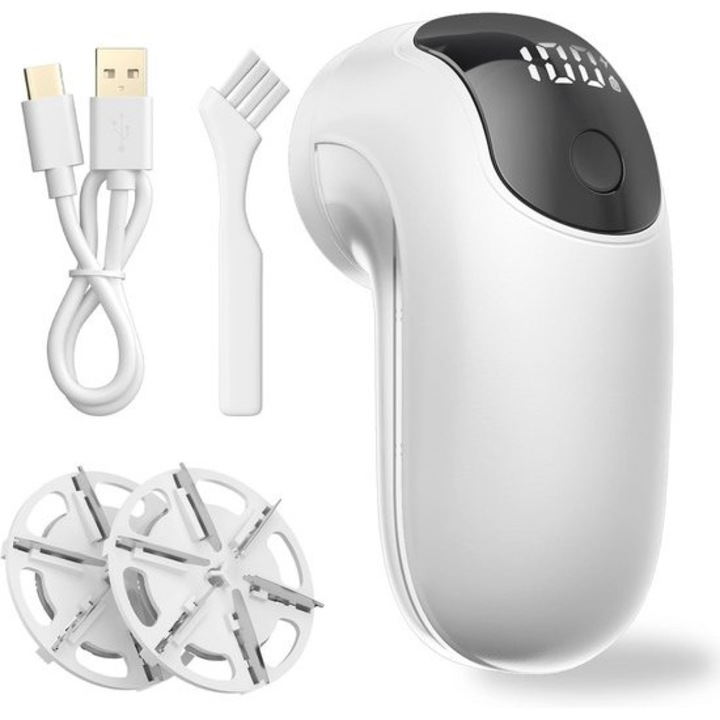 Elektromos szöszeltávolító, 6 penge, 3 sebesség, LED, USB-C, kompakt