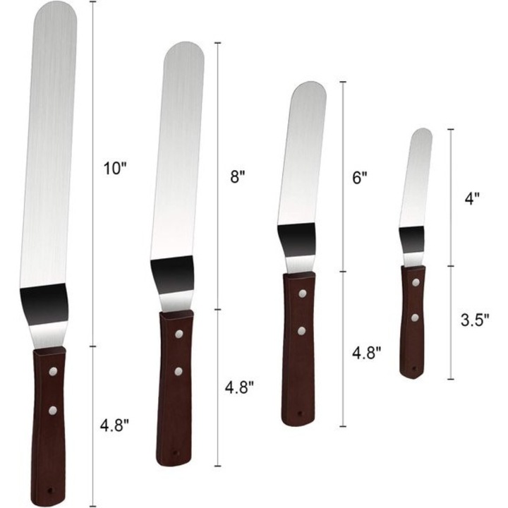 Süteménydíszítő spatula készlet, rozsdamentes acél, fa nyél, 4 méret, többszínű