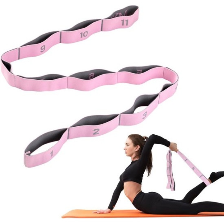 Jóga és stretching gumiszalag K0255-0804-BLCJ60706, 11 hurok, tartós rugalmas anyag, Pilateshez, jógához és fitneszhez, rózsaszín/szürke