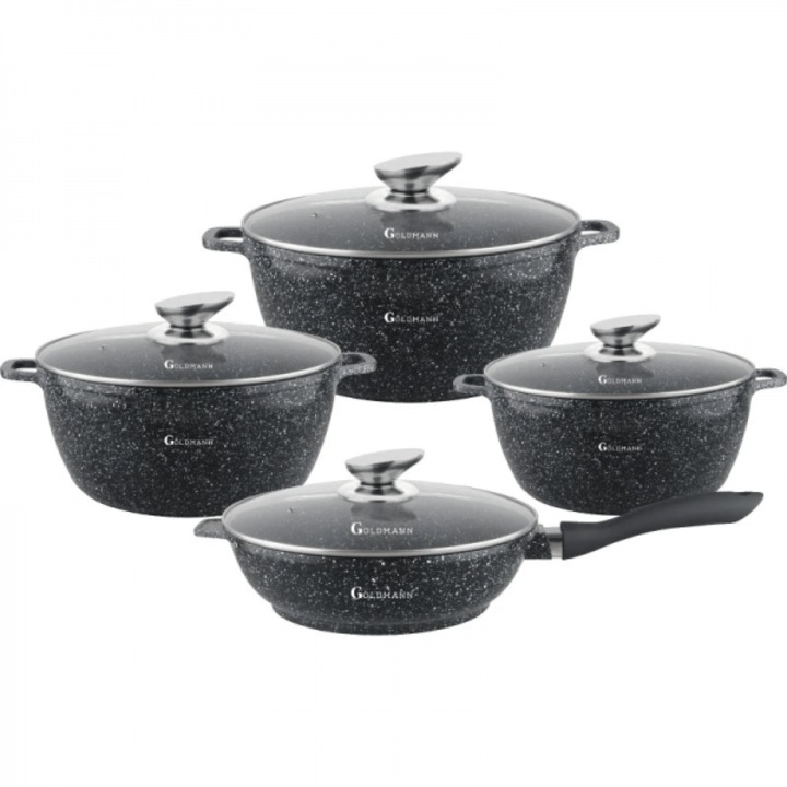Комплект тенджери Goldmann GM 6008, Лят алуминий, Мраморно покритие, отвътре/отвън, Размер: 20\24\28\20T-2.3\4.5\6.5\2.3литра