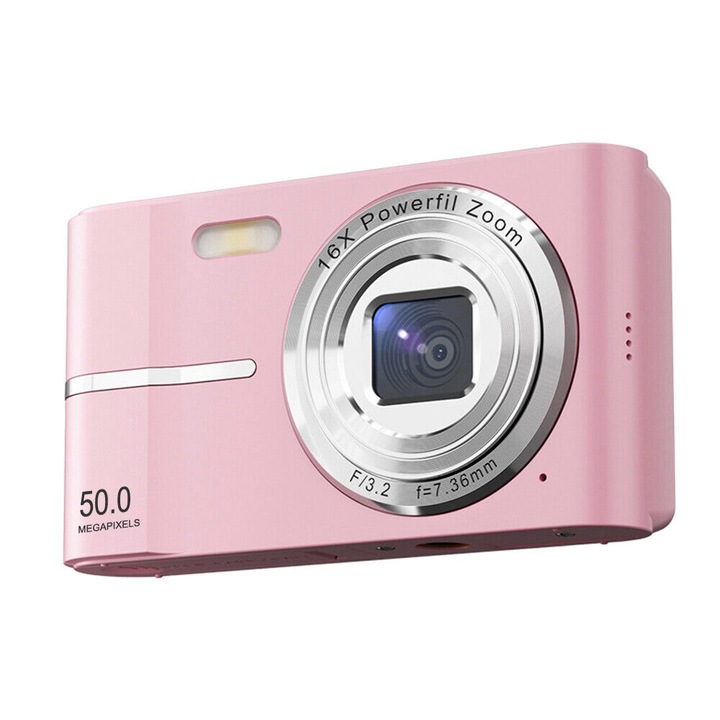 Aparat foto digital compact, AKKEE®, Aparat foto Digital, Camera digitala HD pentru acasa, Cu card de memorie de 64G, 50 MP, zoom 16x, ecran IPS de 2, 4”, Blit de umplere incorporat, Cadou pentru incepatori, Roz