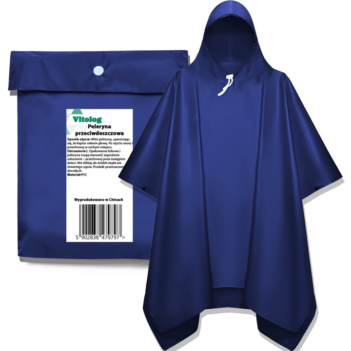 Pelerina impotriva ploii, unisex, PVC, impermeabil, cu gluga, 203x130cm, bleumarin
