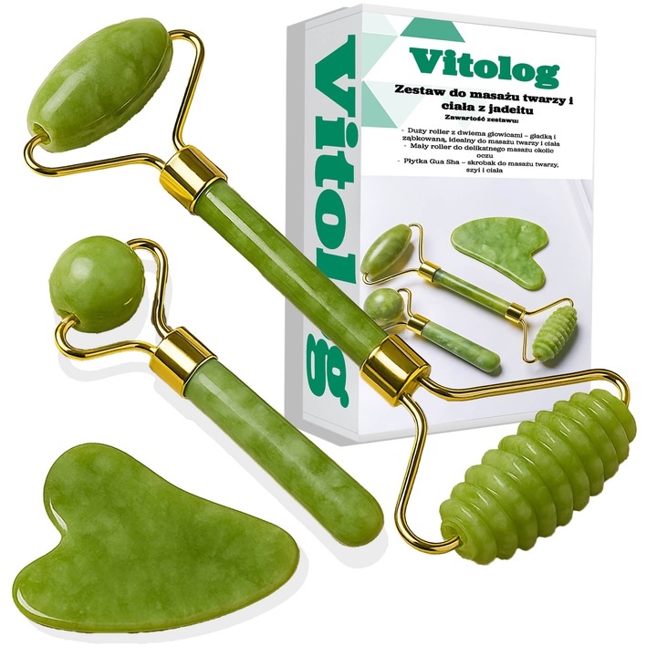 Set aparate de masaj 3 in 1, roller dublu si Gua Sha, verde, dimensiuni: 14,5x5,8x1,8cm, 10x3,8x2,3cm, 6,8x4x0,4cm