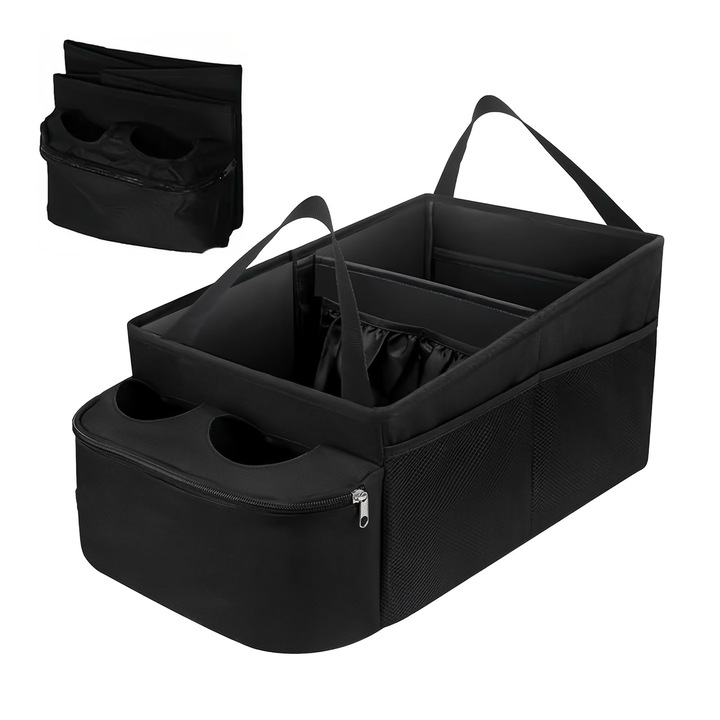 Autós Csomagtartó Rendszerező, Autóülés Rendszerező, Összecsukható, Multifunkcionális, 2 Rekesz és 2 Zseb, Fekete Oxford, 460 * 260 * 230mm