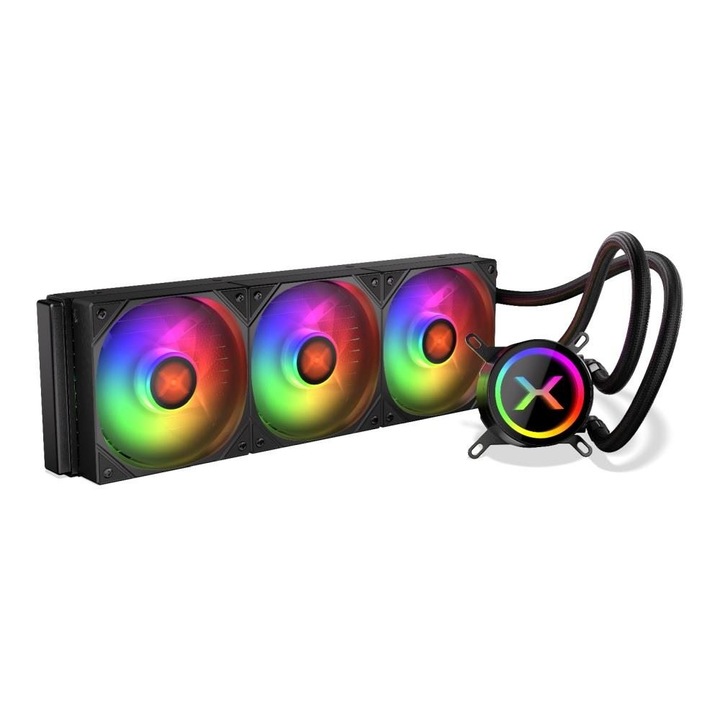 Set cooler de racire Krux HydroX 360 ARGB, 3 ventilatoare 120mm, negru, dimensiuni 120x395x52mm