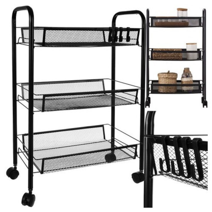 Raft mobil multifunctional cu 3 niveluri, Organizator pentru bucatarie, baie sau birou, Structura metalica, 65 x 44 x 25 cm, Negru