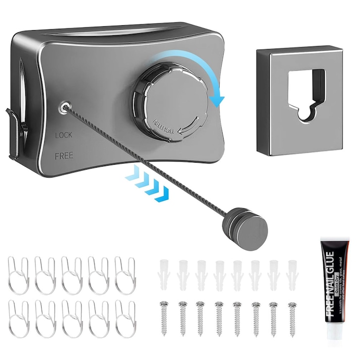 Uscator rufe retractabil, montare pe perete, sarme haine din otel, Bedee®, anti-lasare, cu sarcina mare, montata pe perete, Tensiune reglabila, instalare usoara, pentru balcon, baie, spalatorie, 5.1m, 20kg, 27x9x5cm, Gri