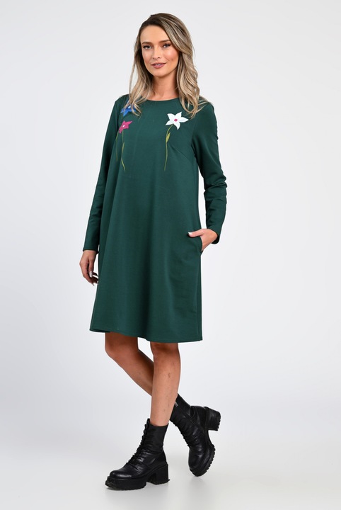 Rochie Dama, Eranthe, A-Line, cu Buzunare Laterale si Pictura Realizata Manual V363, Verde