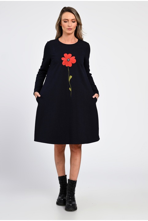 Rochie Dama, Eranthe, A-Line, cu Buzunare Laterale si Pictura Realizata Manual V364, Bleumarin