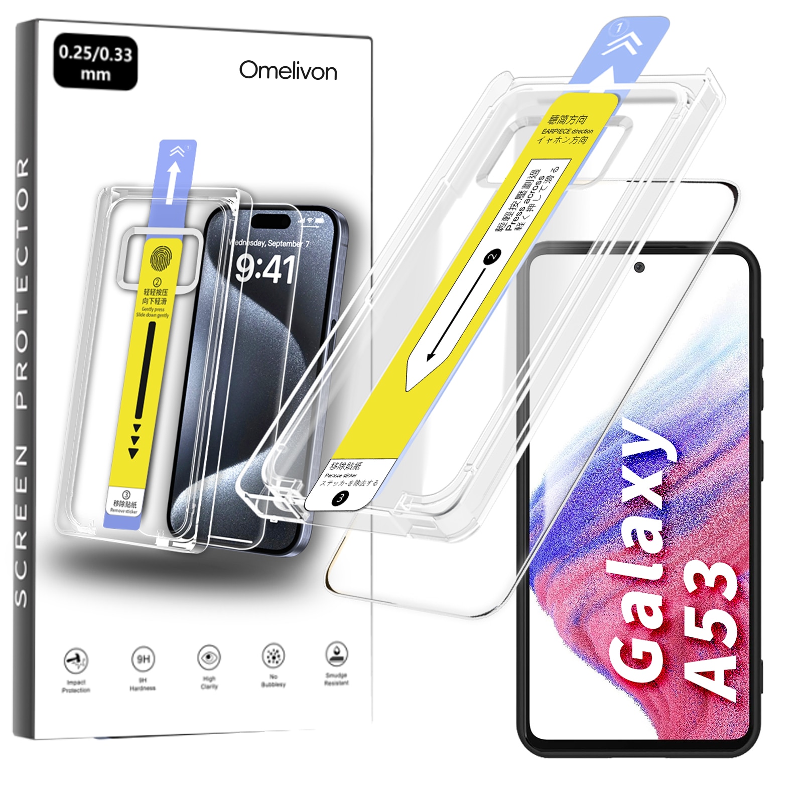Folie de Protectie pentru Samsung Galaxy A53, Omelivon, Sticla Securizata, cu Kit de Aplicare Instanta si Functie Automata de Indepartare a Prafului, Duritate 9H+, Ultra HD, Anti Amprente
