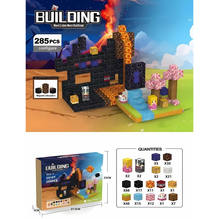 Комплект 3D магнитни строителни блокчета, 285 части, коледна тема, многоцветни