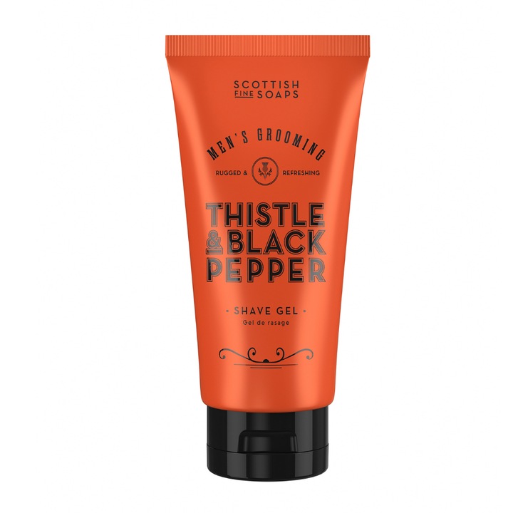 Gel de ras, SCOTTISH FINE SOAPS, Ciulin și Piper, pentru bărbați, cu extract de Ciulin Alb, Aloe Vera și Vitamina E, vegan, 100 ml