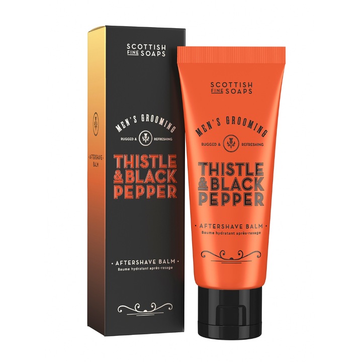 Borotválkozás utáni balzsam, SCOTTISH FINE SOAPS, Bogáncs és Bors, férfiaknak, fehér bogáncs kivonattal és mentollal, vegán, 75 ml