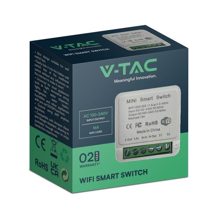 Intrerupator wireless V-TAC 10A, compatibil Smart Life, Alexa, Google Home, 42.6x42.6x20mm, alb