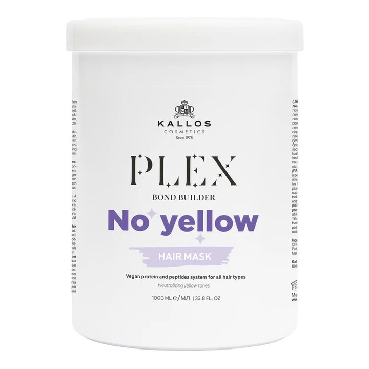 Masca de par Kallos Plex No Yellow, 1000 ml, unisex, pentru par vopsit, reduce nuantele galbene