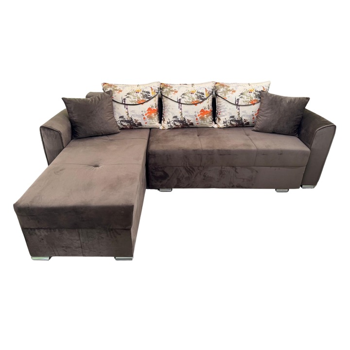 Coltar Lori, 4 locuri, cu 2 lazi de depozitare, catifea maro, 260x95x80 cm