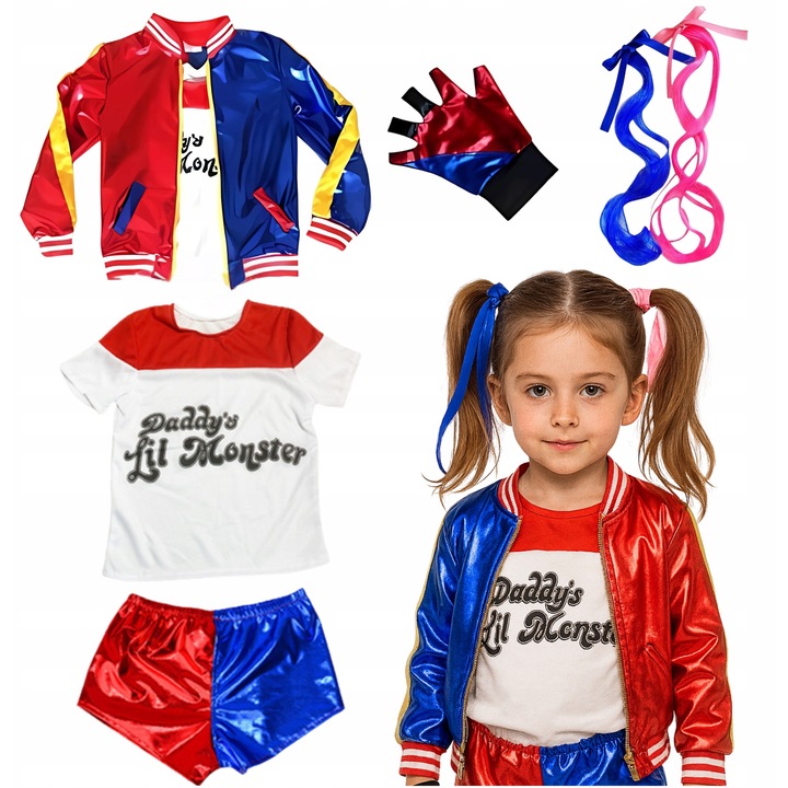 Costum Harley Quinn Cu Peruca, Korbi, 5 Elemente, 40x47x49x32x43x20 Cm - 34x27x20 cm, Material Confortabil, Stilizare Inspirata De Personajul Din Film, Potrivit Pentru Halloween, Carnaval Si Alte Evenimente, Contrastante, Multicolor