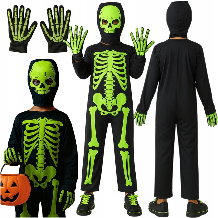 Costum Schelet, Korbi, 41x39x35x50x50 cm, Imprimare Fosforescenta – Efect 'Glow In The Dark', Ideal Pentru Halloween, Petreceri Scolare, Baluri De Costume, Material Confortabil Si Usor, Motiv Osos – Clasic, Negru