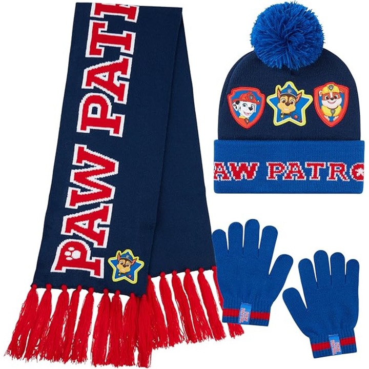 Set iarna băieți, Paw Patrol, caciulă cu pompon, mănuși elastice, esarfa asortată, albastru, universal