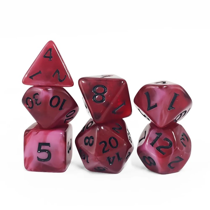 Set de zaruri RPG, RGFk, Bors rosu, 7 piese, Acrilic, Zaruri pentru jocuri de rol, Set de joc, Set de zaruri