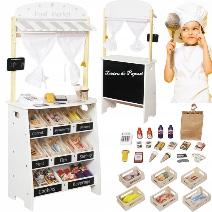 Jucarie din Lemn 2in1 pentru Copii - Food Market Indiggo® – Magazin Alimentar cu Casa de Marcat si Teatru de Papusi, Include 26 de Accesorii Alimentare si Tabla Neagra de Scris, 3 Ani+, White Wooden