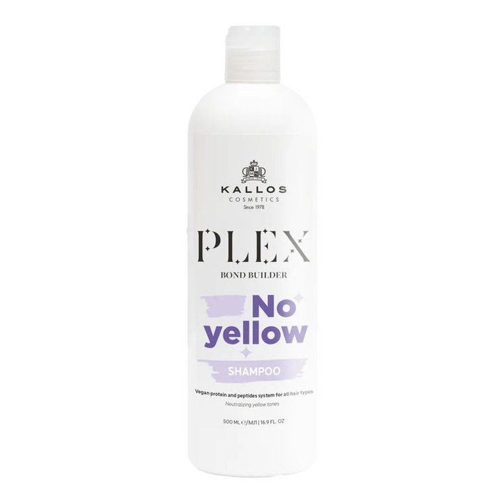 Kallos Plex No Yellow Sampon, 500 ml, unisex, festett hajra, semlegesíti a sárga tónusokat, hidratáló hidratálás