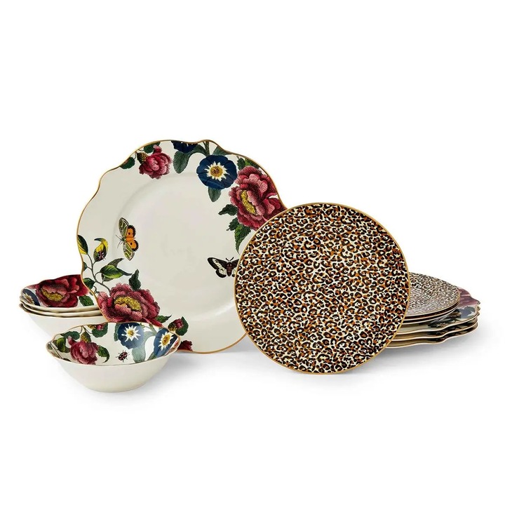 Serviciu de masa din portelan premium Spode England, Creatures of Curiosity, 12 piese, 4 persoane, detalii din aur de 22k, multicolor