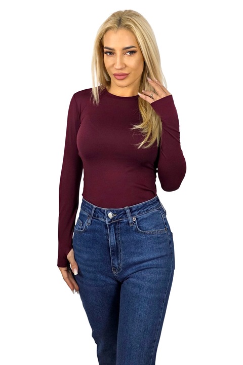 Bluza midi BASIC, cu guler rotund si fenta deget, Bordeaux