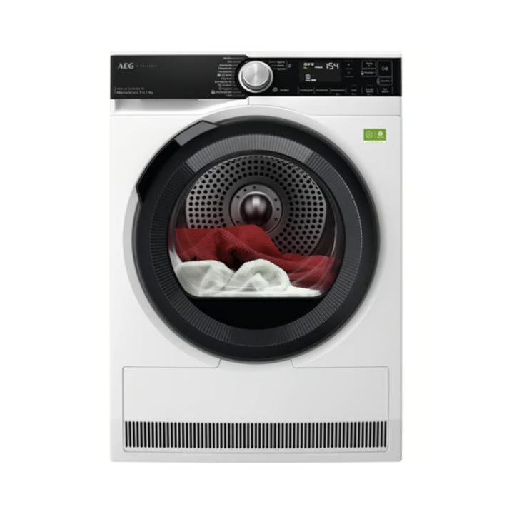 Uscător cu pompă de căldură AEG, 9 kg, alb, dimensiuni 85x59.6x63.6 cm