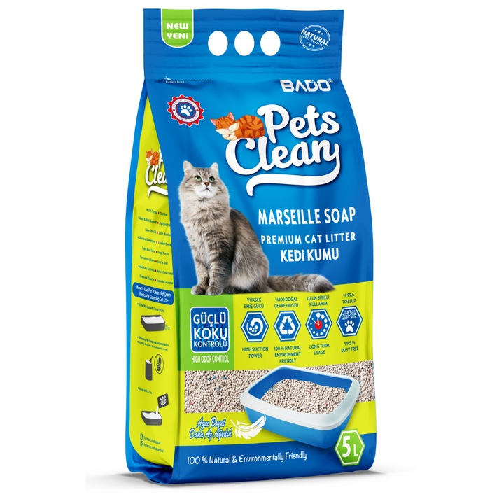 Nisip pentru litiera pisici, Bado Pets Clean, bentonita, parfum sapun de Marsilia, 5L, 100% natural, fara praf