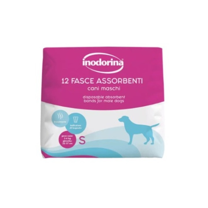 Scutece pentru câini masculi Inodorina, marimea S, 3-6 kg, absorbante, scrie indicator umiditate