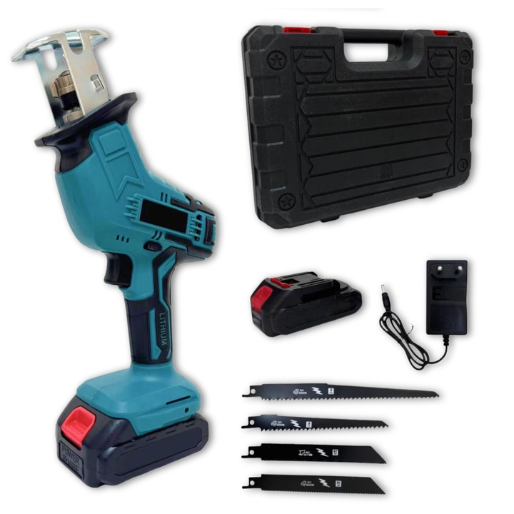 Fierăstrău electric sabie Luckylu, 2 acumulatori 48V, 4 panze, albastru-negru