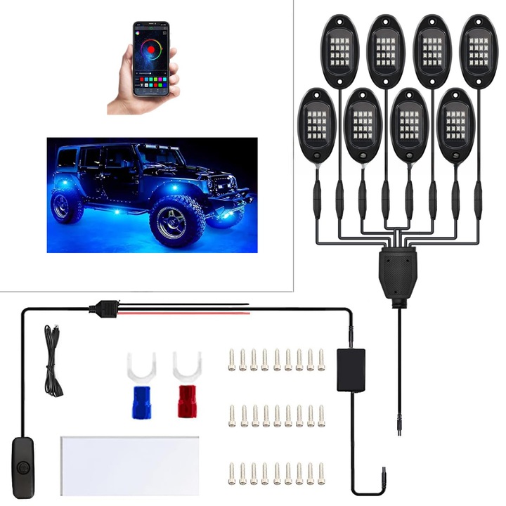 Set iluminare LED RGB 8-in-1 sub caroserie, ROCK LIGHT, off-road, RGB, 12V, control prin aplicatie, rezistent la apa IP68, carcasa ABS, culoare neagra