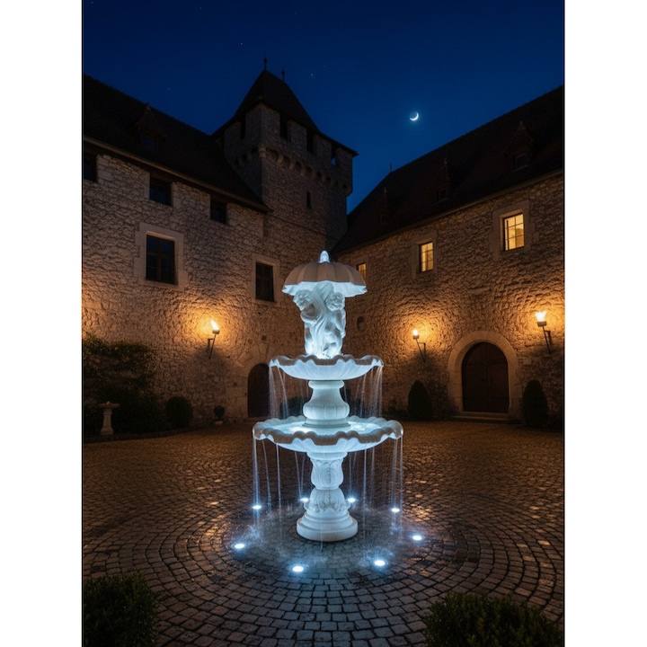 Fantana arteziana cu Umbrela cu Doua Niveluri, fantana de gradina / exterior / interior / terasa / restaurant, Fantana Premium de calitate europeana, din piatra artificiala, alba, 130 x 50 x 217 (H), accesorii incluse, rezistenta la inghet / UV, fara iaz