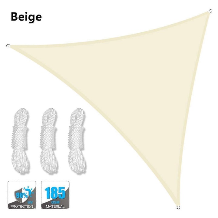 Umbra de soare 4x4m, bej, din poliester, rezistent la apa, cu 3 franghii de vant, pentru gradina, terasa, piscina