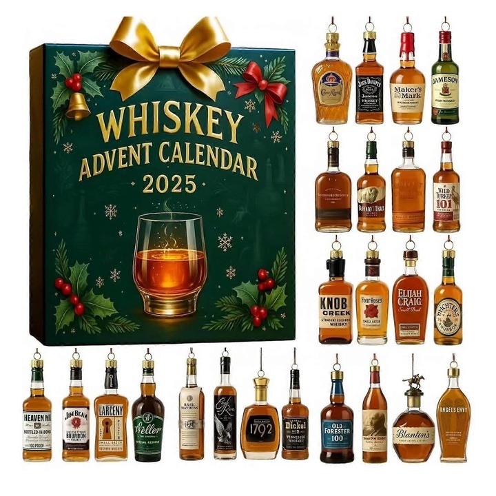 Уиски Адвент Календар 2025, 24 Миниатюрни Орнамента, Бърбън Тема, Коледен Комплект