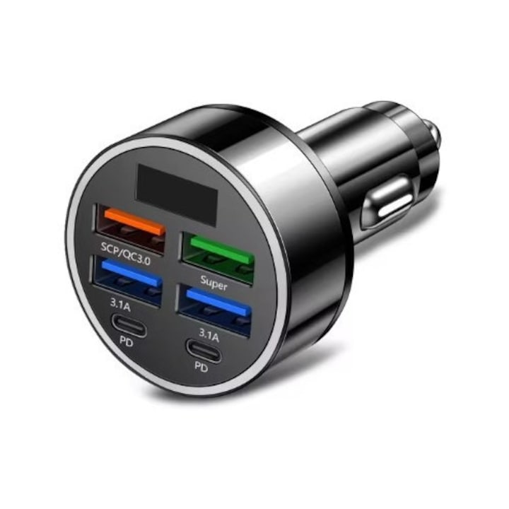 Incarcator auto cu 6 porturi USB C pentru telefon, adaptor de putere PD Type C, incarcare rapida in masina pentru iPhone, Samsung, Xiaomi, Huawei, QC 3.0 - PHN Mag