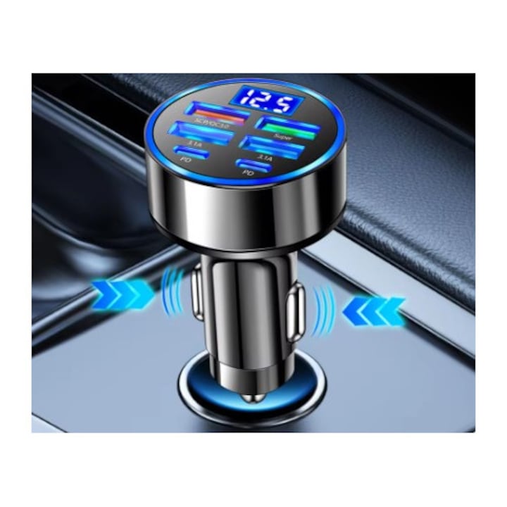 Incarcator auto cu 6 porturi USB C pentru telefon, adaptor de putere PD Type C, incarcare rapida in masina pentru iPhone, Samsung, Xiaomi, Huawei, QC 3.0 - PHN Mag