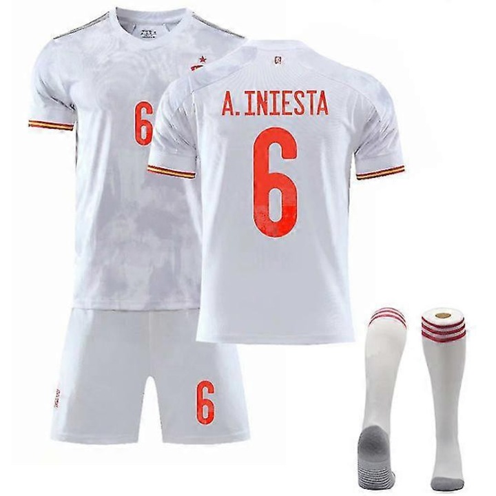 Set echipament sportiv copii, tricou si pantaloni scurti, alb, poliester, maneca scurta, guler rotund model 6 a.iniesta