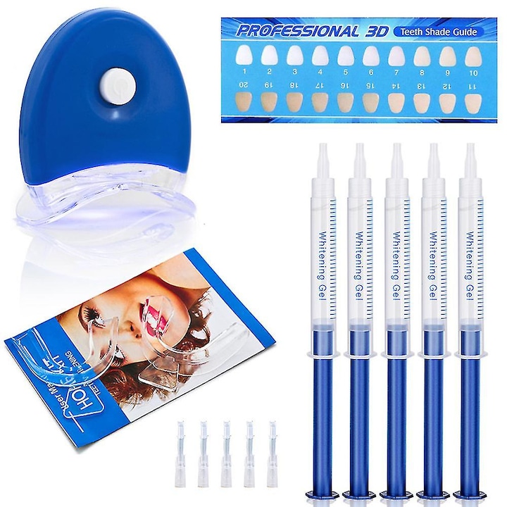 Teljes fogfehérítő készlet, 5 db 3 ml-es fehérítő gél fecskendő, 2 db szájrögzítő, kék LED, 20-30 perces kezelés