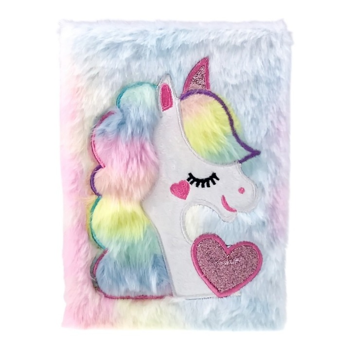 Agenda cu coperti din plus inorog, lacat, 15x21 cm