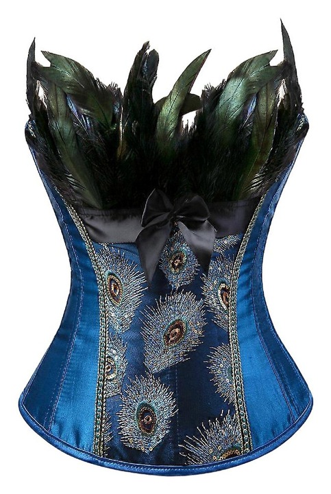 Fűző, szexi, szett, páva hímzés, csipkés szoknya, fekete, kék, XL