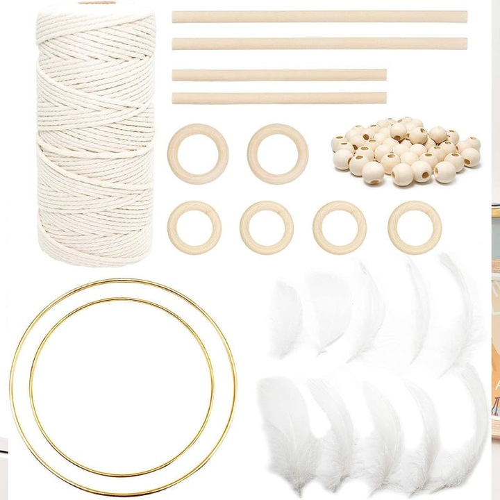 Set de creatie cu fir macrame, inele si margele, aprox 80 piese, bumbac, lemn, pene, bej, natur